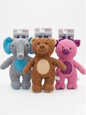 Petlou Durable Corduroy Squeaky Dog Toy Set - Elephant, Bear, & Pig (3-Pack)